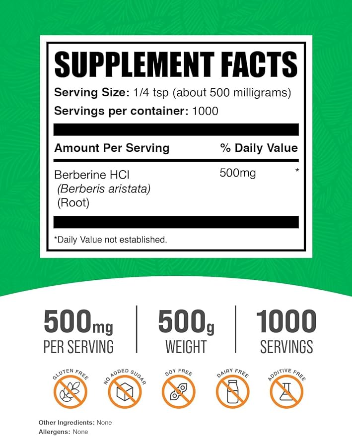 BulkSupplements.com Berberine HCl Powder - Berberine Supplement, Berberine Powder - Gluten Free, 500mg per Serving, 500g (1.1 lbs) (Pack of 1)