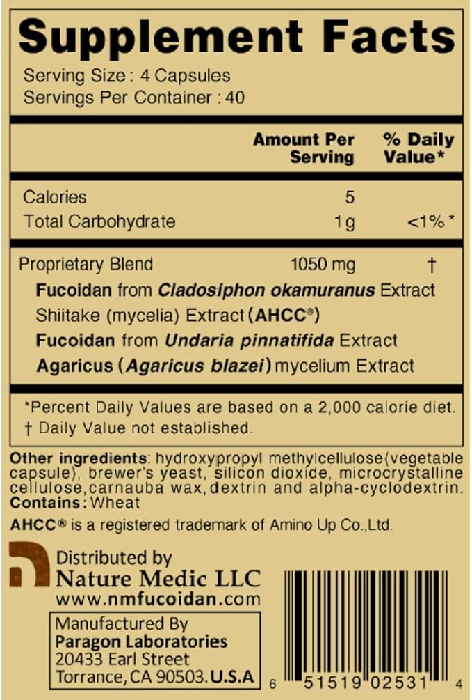 Fucoidan Powered with AHCC® Brown Seaweed Immunity Supplement with High Purity Mekabu Mozuku Agaricus 1 Bottle - 160 Vegetable Capsules