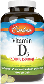 Carlson - Vitamin D3, 2000 IU (50 mcg), Bone Health, Muscle Health, Cholecalciferol, Vitamin D Supplements, Vitamin D3 Soft Gels, 360 Softgels