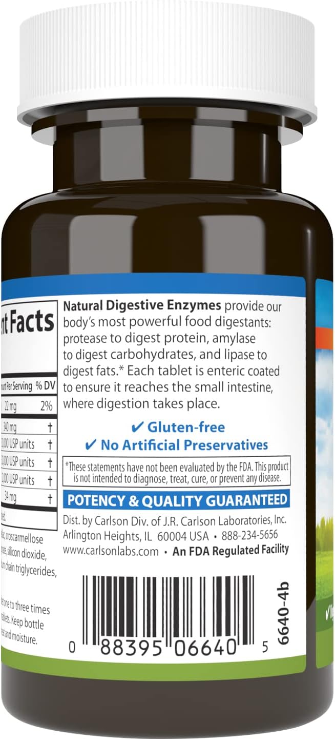 Carlson - Natural Digestive Enzymes, Digestive Aid #34 with Protease, Amylase & Lipase, Digestive Support, Nutrient Absorption & Optimal Wellness, 50 Tablets