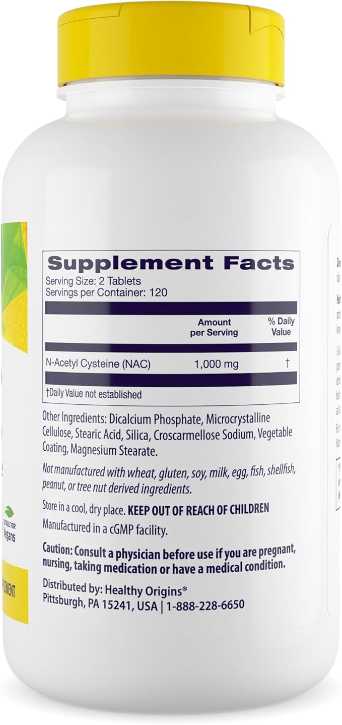 Healthy Origins NAC 1,000 mg (N-Acetyl L-Cysteine),120 Tablets, Amino Acid Supplement, Supports Glutathione Levels, Liver & Lung Health, Antioxidant for Cell Function & Immune Support - 8 Month Supply