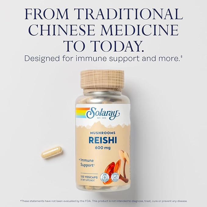 SOLARAY Reishi Mushroom 600mg - Reishi Mushroom Capsules for Immune Support - Vegan, Lab Verified - 60-Day Money-Back Guarantee - 100 Servings, 100 VegCaps
