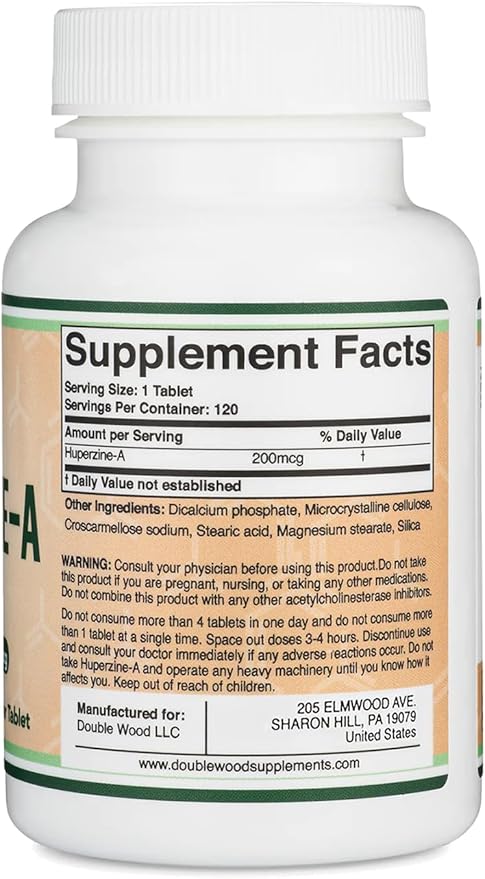 Huperzine A 200mcg (Third Party Tested) 120 Tablets, Brain Supplement to Promote Acetylcholine (Acetylcholinesterase Inhibitor) - Supports Memory and Focus by Double Wood