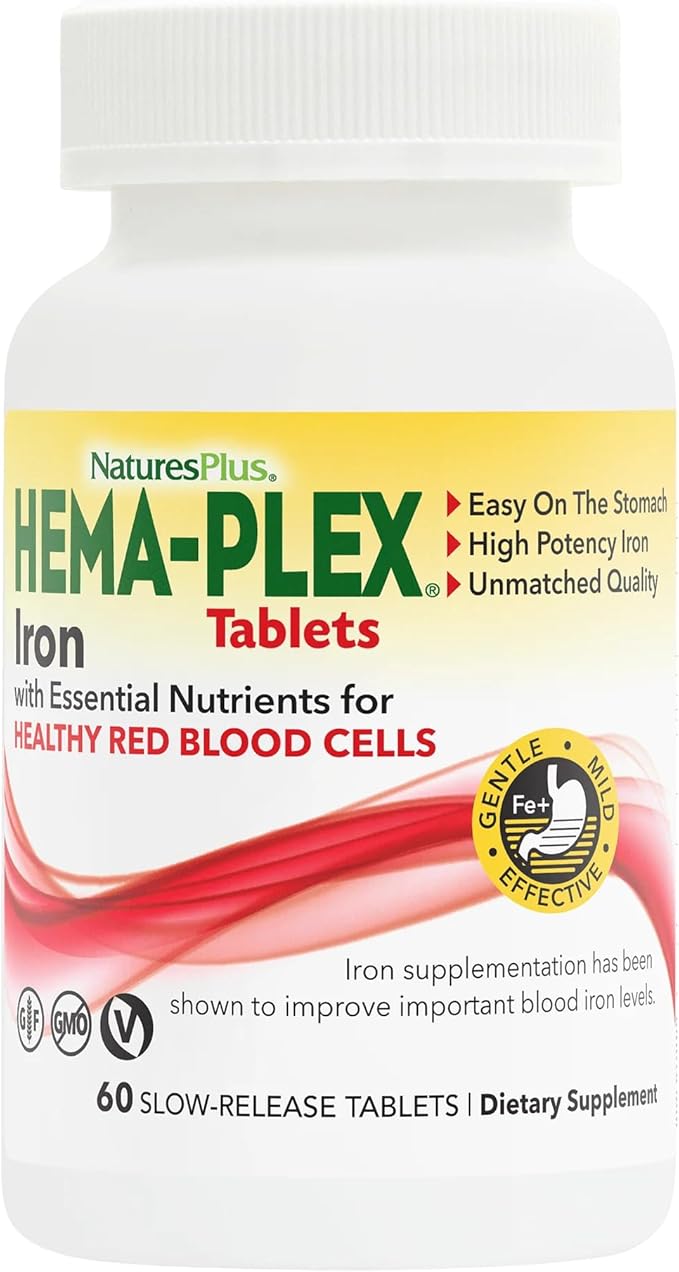 NaturesPlus Hema-Plex Iron - 60 Slow-Release Tablets - 85 mg Chelated Iron - Total Blood Health - With Vitamin C & Bioflavonoids - Non GMO, Vegetarian & Gluten Free - 60 Servings
