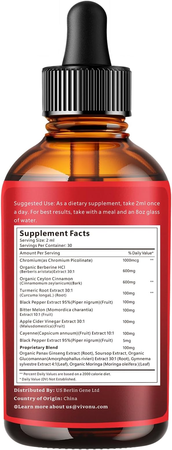 14-in-1 Berberine with Ceylon Cinnamon Supplement Liquid Drops, 1800mg + 30:1 Liposomal Tech with Cayenne Pepper Soursop Chromium Bitter Melon Turmeric Moringa Gymnema Glucomannan, GLP Support 4Bottle