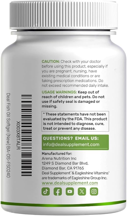 DEAL SUPPLEMENT Omega 3 Fish Oil Supplements, 3,000mg Per Serving, 240 Softgels – EPA 1,200mg + DHA 900mg – Burpless Pills, Lemon Flavored, Wild Caught – Brain & Heart Support – Mercury Free, Non-GMO