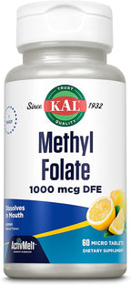 KAL Methyl Folate 1000 mcg - 5-MTHF Active Form, Folic Acid Supplement for Women and Men, Heart Health, Prenatal, Brain Support for Adults, Vegetarian, Natural Lemon ActivMelt - 60 Micro Tablets