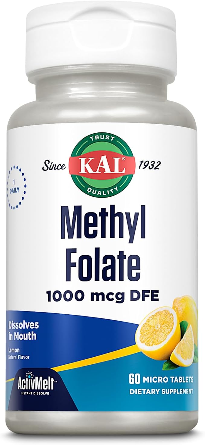 KAL Methyl Folate 1000 mcg - 5-MTHF Active Form, Folic Acid Supplement for Women and Men, Heart Health, Prenatal, Brain Support for Adults, Vegetarian, Natural Lemon ActivMelt - 60 Micro Tablets