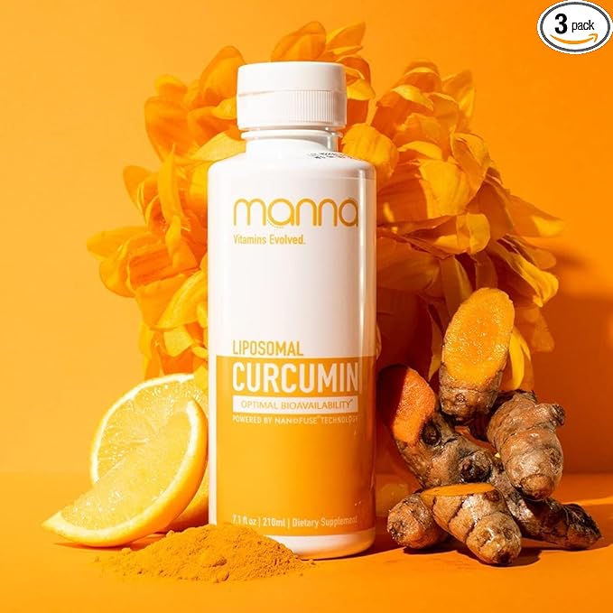 Manna Vitamins Evolved Liposomal Liquid Curcumin for Advanced Absorption Best Turmeric Supplement for Daily Joint & Immune Health Support - Vegan, Non-GMO, 95% Curcuminoids (3 Pack)