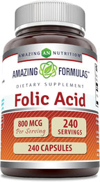 Amazing Formulas Folic Acid (Vitamin B9) 800 Mcg Supplement | Capsules | Non-GMO | Gluten-Free | Made in USA (1 Pack | 240 Count)