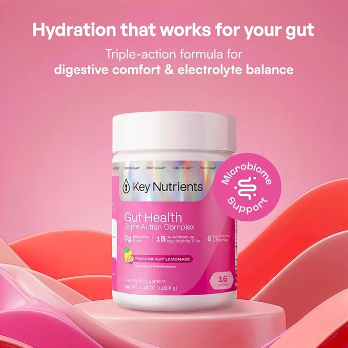 KEY NUTRIENTS Gut Health Hydration – Passionfruit Lemonade, Fiber Supplement with Prebiotic Fiber & Akkermansia Probiotics for Women and Men, Sugar Free Electrolytes Powder for Gut Health, 16 Servings