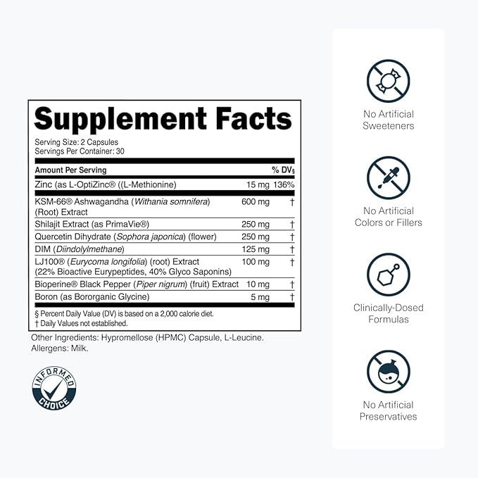 Transparent Labs Vitality Testosterone Booster - Testosterone Supplement for Men with Ashwagandha KSM-66, PrimaVie Shilajit Extract, & DIM to Support Vitality, & Bioavailable Testosterone - 60 Count
