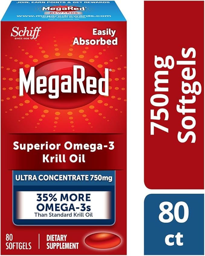 MegaRed Ultra Concentrate 750mg Omega-3 Krill Oil Fatty Acid Supplement with EPA/DHA, Antioxidant Astaxanthin, No Fish Oil Aftertaste Supports Heart Health, 80 Count Softgels (2 Pack)