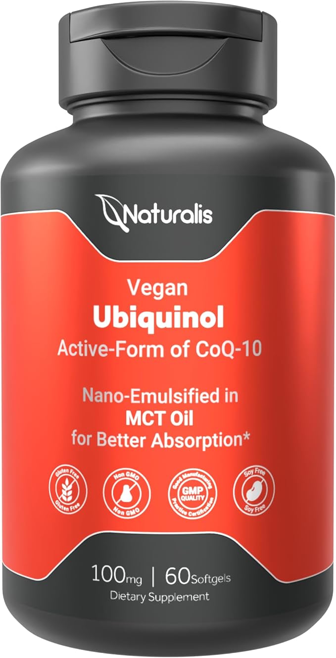 Naturalis Ubiquinol 100mg Active CoQ-10 Emulsified in MCT Oil for Better Absorption | Gluten Free, Non-GMO & Soy-Free | Cardiovascular Wellness, Antioxidant Protection, and Healthy Skin* | 60 Softgels