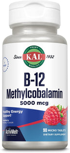 KAL Vitamin B12 Methylcobalamin 5000mcg, Healthy Energy, Metabolism, Nerve & Red Blood Cell Support,* Fast Dissolve ActivMelts, Optimal Absorption, Natural Raspberry Flavor, 90 Servings, 90 Micro Tabs