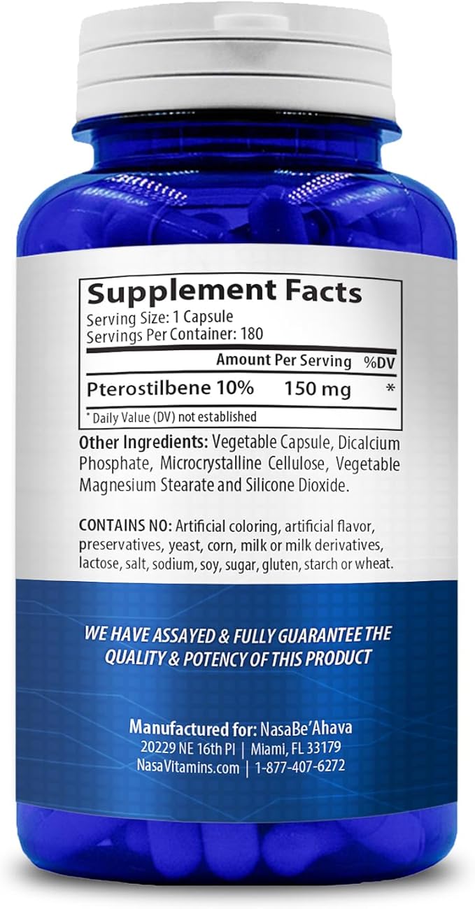 Extra Strength Pterostilbene Supplement | Vegan Friendly 150mg Pterostilbene Capsules | Antioxidant Supplement for Aging Heart Immune and Brain Support | Made in The USA (180 Day Supply)