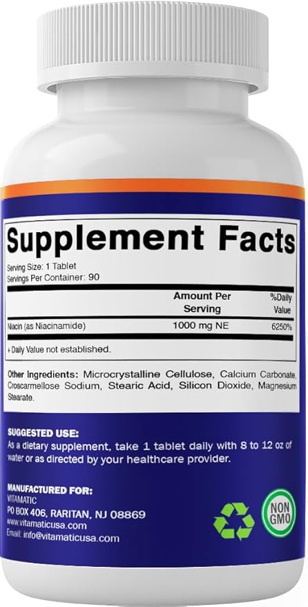 Vitamatic Niacinamide 1000 mg 90 Tablets - Flush Free Vitamin B3 - Supports Energy Production