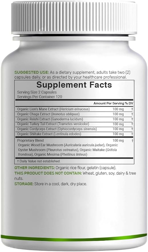 Organic 10-in-1 Mushroom Supplement, 240 Capsules – Lions Mane, Turkey Tail, Reishi, Cordyceps & More Mushroom Complex – Immune, Energy & Nootropic Brain Support – Non-GMO