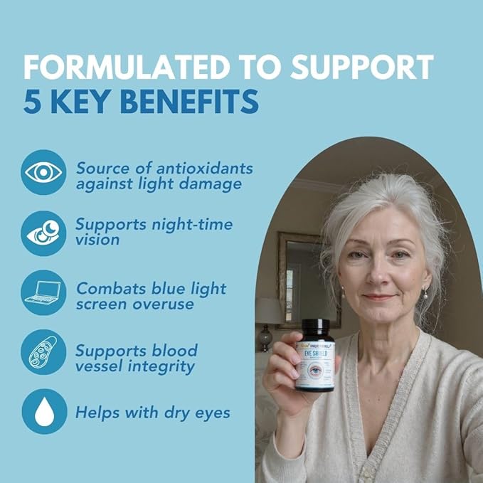 Eye Shield Supplement with Bilberry Extract, Lutein, Zeaxanthin, Astaxanthin, and Beta-Carotene - Supports Dry Eyes, Vision Health, and Night Vision, 90 Veg Capsules