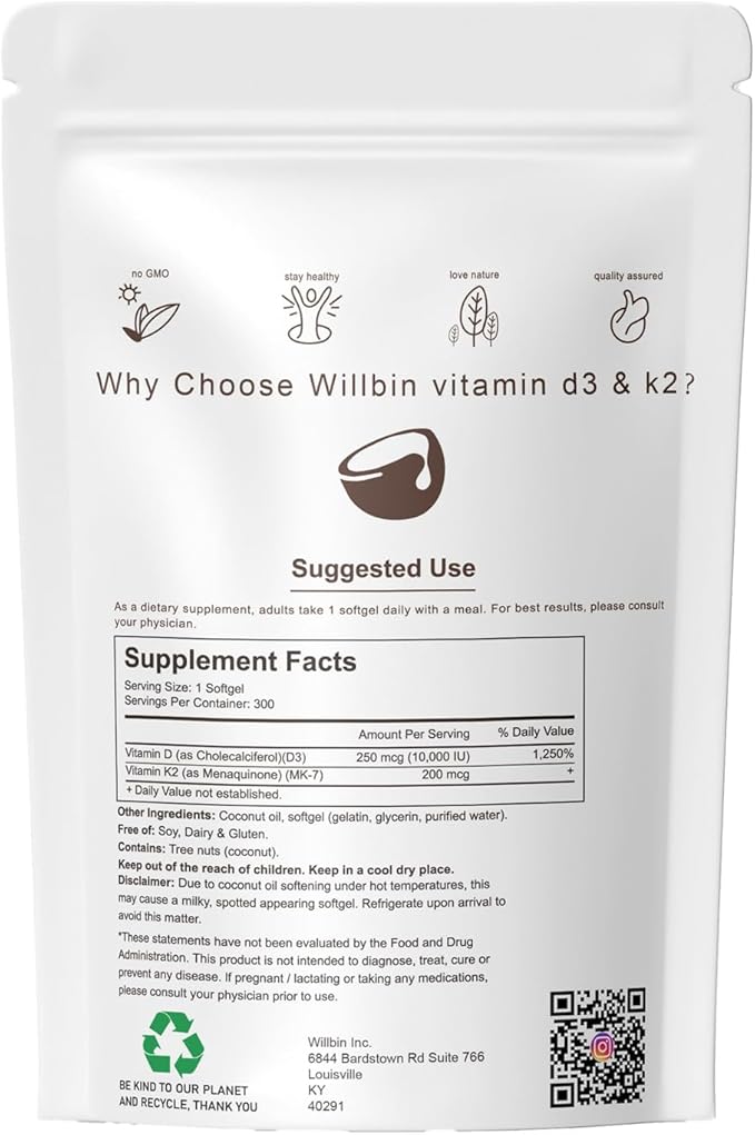 300 Pcs 2 in 1 Vitamin D3 10000 iu Plus K2 (MK-7) 200 mcg, Coconut Oil Softgels with Vitamins D & K, Supports Bone, Heart & Immune Health - Easy to Swallow & Non-GMO