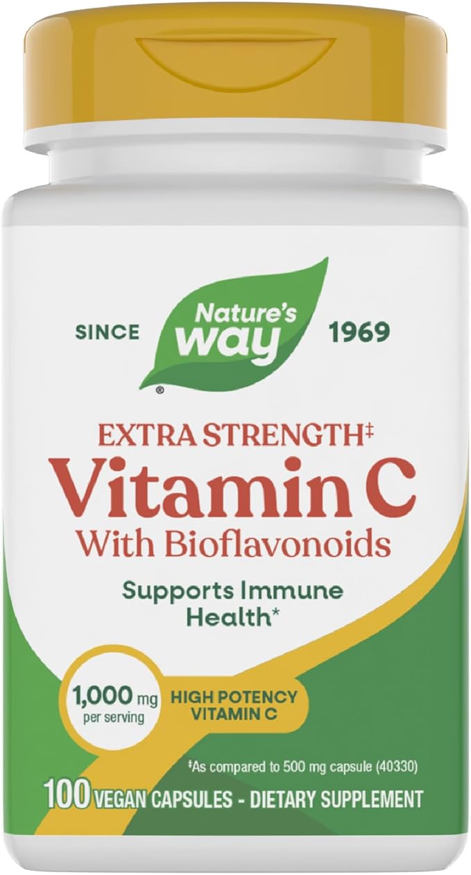Nature's Way Extra Strength(1) Vitamin C with Bioflavonoids, Supports Immune Health*, Promotes Collagen Production for Healthy Skin*, 1,000 mg per Capsule, 100 Vegan Capsules (Packaging May Vary)