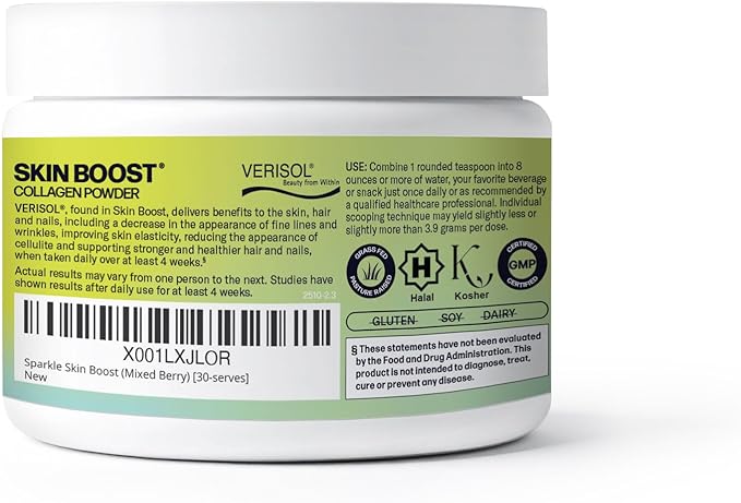Sparkle Wellness VERISOL Bioactive Hydrolyzed Collagen Peptides | Collagen Powder Supplement with Vitamin C for Skin, Hair & Nail Health | Skin Boost (Mixed Berry) [30-Serves]
