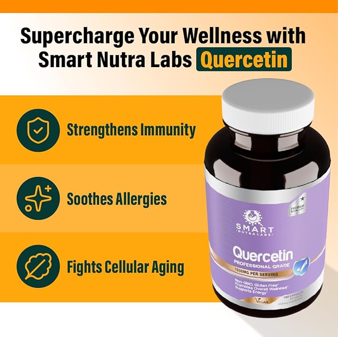 Smart Nutra Labs Quercetin 1000mg- 180 Vegan Capsules, 100% Pure Quercetin Supplement- Non-GMO, Gluten Free, Third Party Tested
