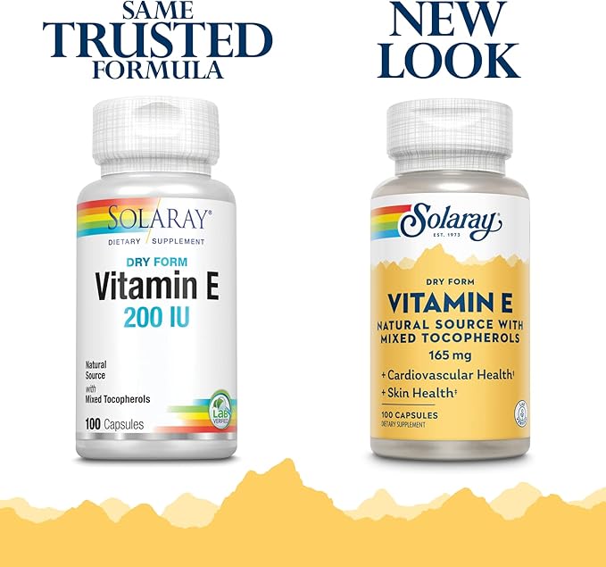 SOLARAY Vitamin E, Dry 200 IU w/Mixed Tocopherols | Healthy Cardiac Function & Skin Health Support | 100ct