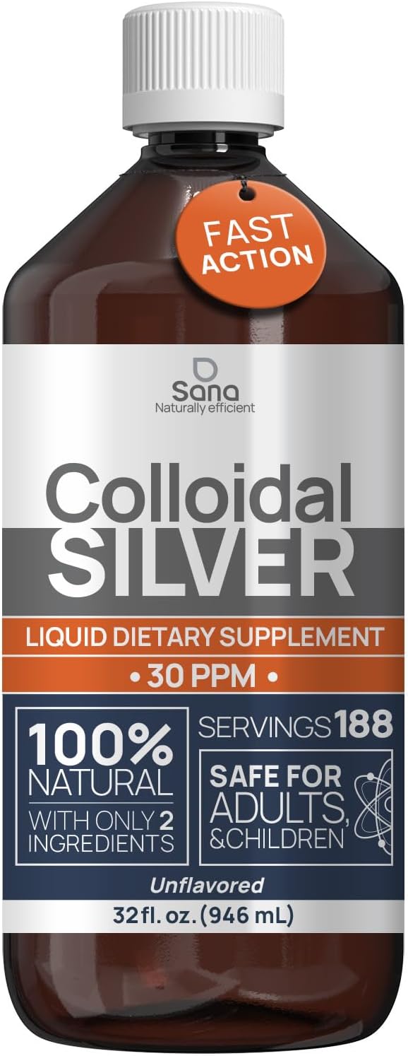 Colloidal Silver Liquid 32 fl oz 30 PPM - Bioactive Hydrosol Silver Water - Natural Immune Support Nano Sol Supplement Solution - Ionic Minerals - Organic Structured Silver
