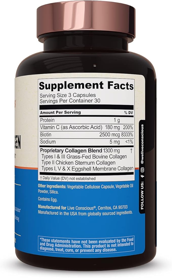 Live Conscious Beyond Collagen Multi Collagen Capsules - Types I, II, III, V & X | Hydrolyzed Blend with Biotin & Vitamin C for Hair, Skin, Nails 90 Capsules (4-Pack)