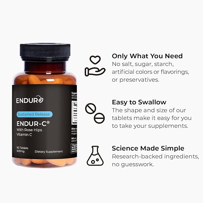 Endur ENDUR-C Vitamin C with Rose Hips, Supports Collagen Production, Antioxidant Protection & Gentle Digestion, Gluten Free, 500mg (90 Tablets)