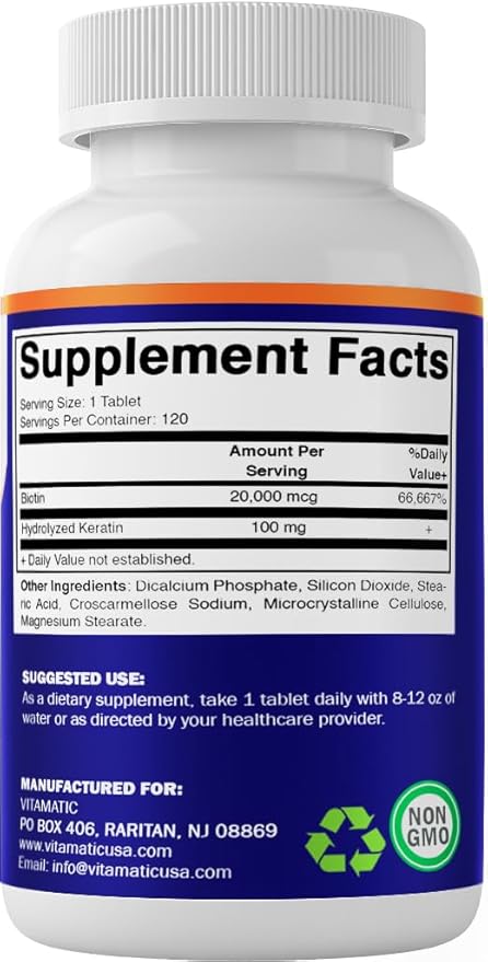 Vitamatic High Potency Biotin 20000 mcg (20mg) with Keratin 100mg - 120 Tablets - Biotin Supplements for Healthy Hair Skin & Nails for Adults (120 Count (Pack of 3))