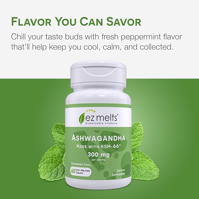EZ Melts Dissolvable KSM-66 Ashwagandha, 300 mg, Sugar-Free, Stress, Sleep and Mood Support Supplement, 30-Day Supply, Peppermint Chill-Flavor - 2 Pack