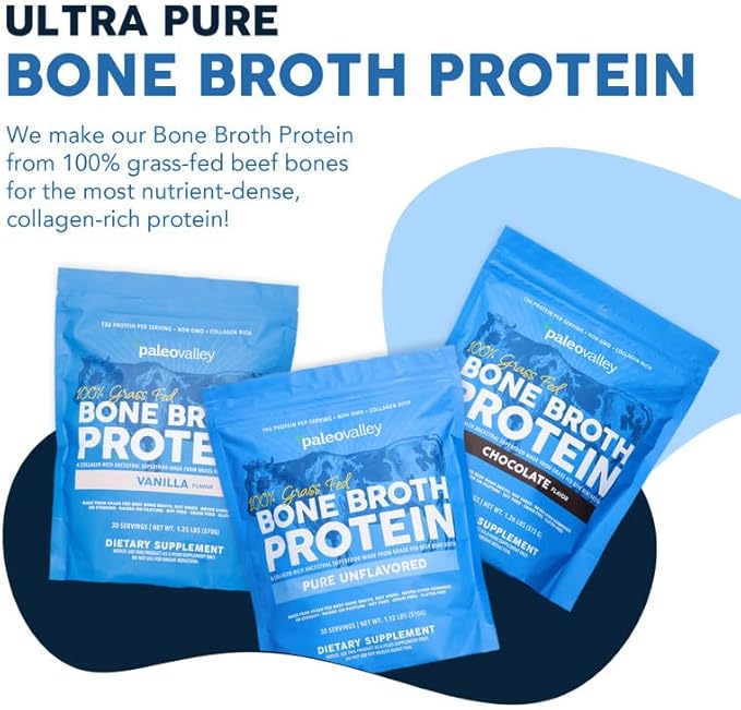Paleovalley 100% Grass Fed Beef Bone Broth Protein Powder - Rich in Collagen Peptides for Hair, Skin, Gut Health, Bone and Joint Support - 13g Protein Per Serving - No Gluten or GMOs - Vanilla