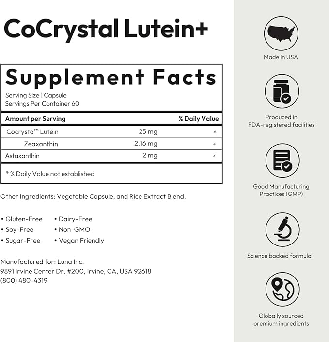 BIGVITA CoCrystal Lutein + | 3-in-1 Eye Support, Fast-Absorbing Lutein, Zeaxanthin & Astaxanthin | Blue Light Defense, Visual Clarity & Eye Fatigue Relief | High Bioavailability Vitamins | 60 Capsules