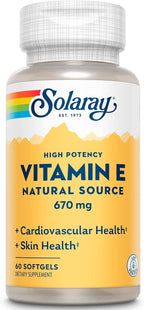 SOLARAY Vitamin E 1000 IU Softgel Capsules, 670 mg - d Alpha Tocopherol Vitamin E Supplements - Skin Health, Heart Function and Antioxidant Support - 60-Day Guarantee - 60 Servings, 60 Softgels
