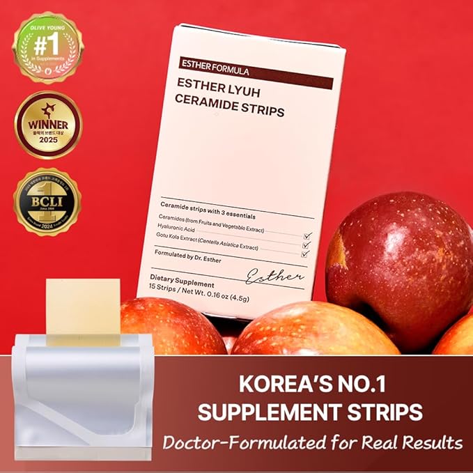 ESTHER FORMULA Ceramide Strips (15 ct) Fast-Absorbing Oral Beauty Film with Phytoceramides & Hyaluronic Acid for Hydration, Barrier Support & Elasticity - Ceramides Supplement