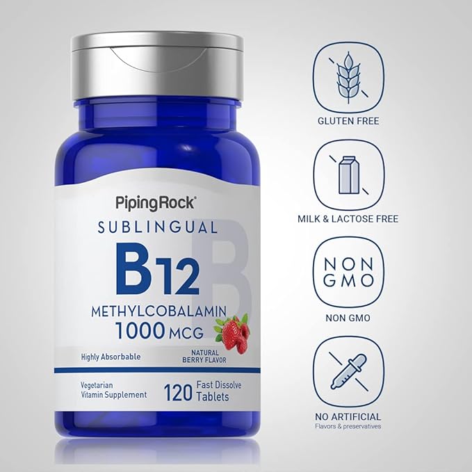 Piping Rock Vitamin B12 1000 mcg Sublingual | 120 Tablets | as Methylcobalamin | Berry Flavor | Vegetarian, Non-GMO, Gluten Free Supplement