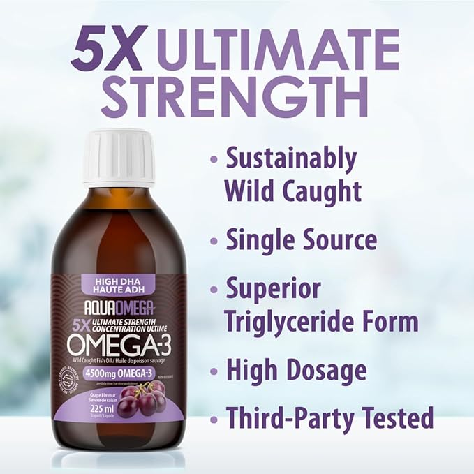 5X Ultimate Strength Omega 3 Fish Oil Liquid, Fish Oil Supplements with High DHA and EPA Omega3 Fatty Acids, High Potency Omega 3 with Vitamin D, 7.60 floz, Grape Flavor
