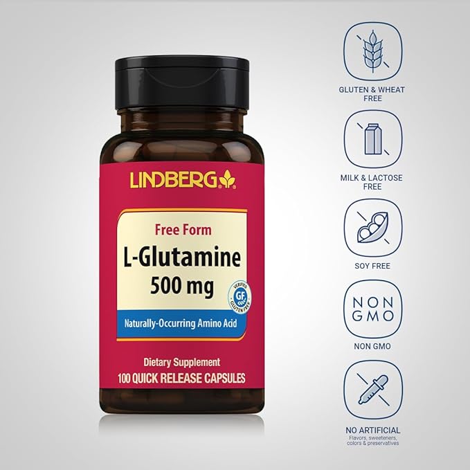 Lindberg L Glutamine Capsules for Women and Men | 500mg | 100 Pills | Free Form Supplement | Non-GMO, Gluten Free
