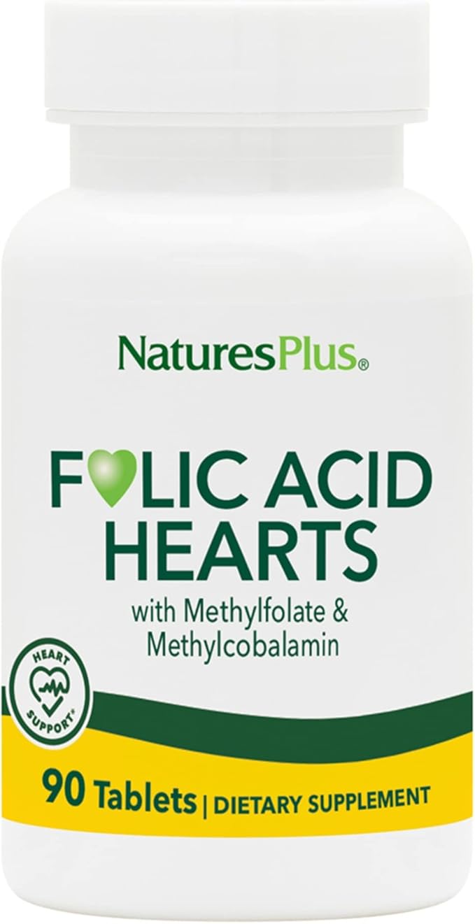 NaturesPlus Folic Acid Hearts - 90 Tablets - Supports Immune & Prenatal Health with Methylfolate & Methylcobalamin - Gluten Free, Vegetarian, Allergen Free - 90 Servings