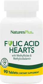 NaturesPlus Folic Acid Hearts - 90 Tablets - Supports Immune & Prenatal Health with Methylfolate & Methylcobalamin - Gluten Free, Vegetarian, Allergen Free - 90 Servings