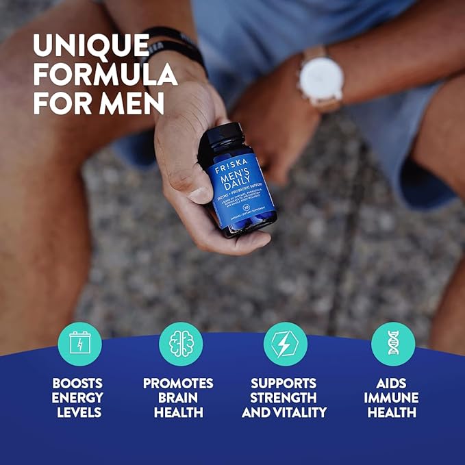 Friska Men’s Daily Gut Support - Digestive Enzymes, Probiotics to Help Break Down Foods, Supports Energy & Nutrient Absorption with Vitamins B6 & B12, 30 Capsules, Packaging May Vary