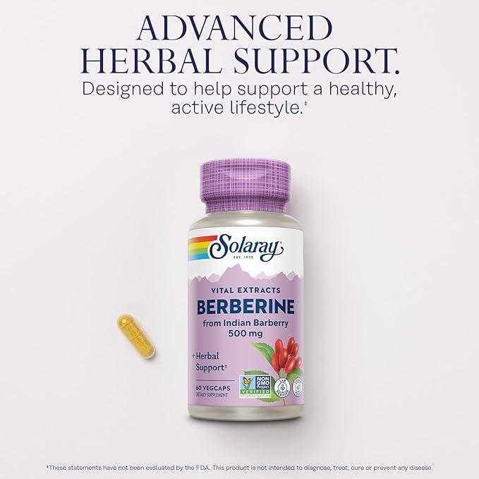 SOLARAY Berberine 500mg - Berberine Supplement for a Healthy, Active Lifestyle - with Berberine HCl from Indian Barberry - Vegan, Non-GMO, 60-Day Guarantee - 60 Servings, 60 VegCaps (60 CT)