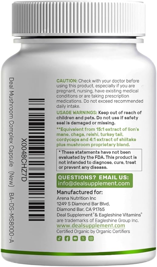Organic 10-in-1 Mushroom Supplement, 240 Capsules – Lions Mane, Turkey Tail, Reishi, Cordyceps & More Mushroom Complex – Immune, Energy & Nootropic Brain Support – Non-GMO