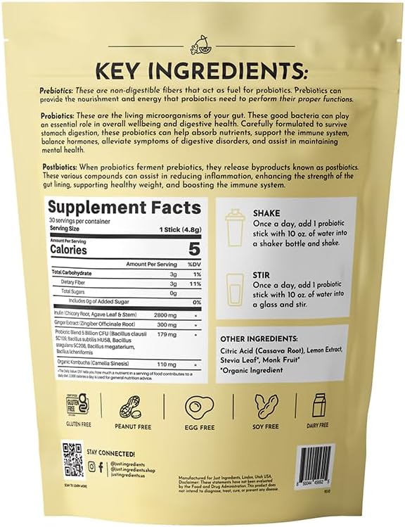 JUST INGREDIENTS Lemon Ginger Probiotic Complex - Prebiotics, Probiotics, Postbiotics - 30 Sticks