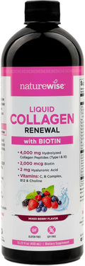 NatureWise Hydrolyzed Liquid Collagen for Women & Men 4000mg - Multi Collagen Peptides + Biotin + Vitamin C + Vitamin B Complex & Hyaluronic Acid - Mixed Berry - 15.22 fl oz[45 Day Supply]