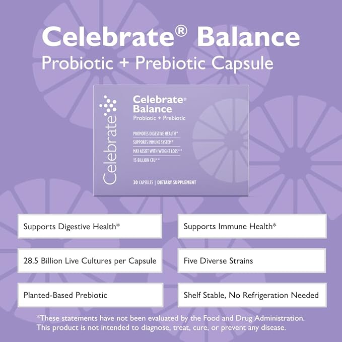 Celebrate Vitamins Balance Probiotic + Prebiotic - Post Bariatric Surgery Daily Supplement for Women & Men, 28.5 Billion CFU - Supports Digestive & Immune Health, Gluten Free (30 Capsules)
