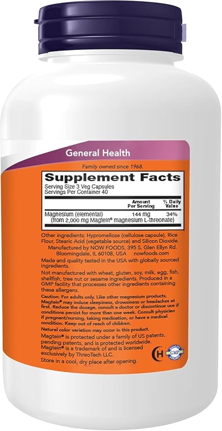 NOW Foods Supplements Magtein, Magnesium L-Threonate, Cognitive Support*, 120 Veg Capsules (Pack of 2)