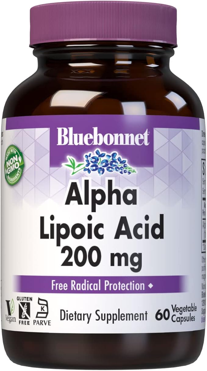 Bluebonnet Alpha Lipoic Acid 200mg - Powerful Antioxidant Nerve Support Supplement - For Women & Men Daily - Non-GMO, Vegan, Kosher - Gluten-Free, Soy-Free, Dairy-Free - 60 Vegetable Capsules